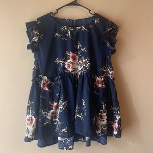 Plus Size Blue Floral Print Ruffle Sleeve Top